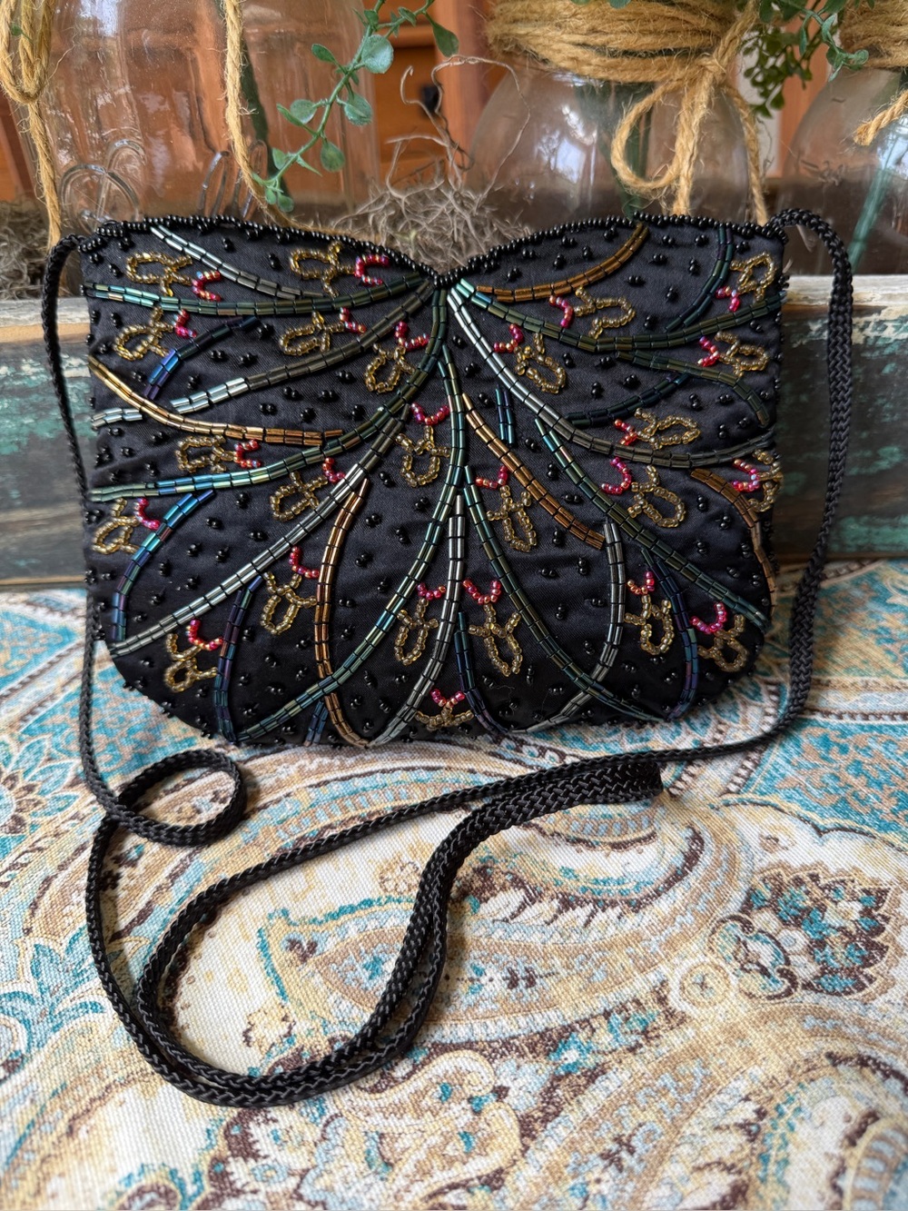Black Beaded Evening Bag Multicolor Floral Shoulder Purse Vintage Formal Clutch